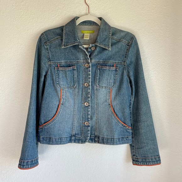Sigrid Olsen Women's Denim Jean Jacket with Orange Trim and Cute Buttons Size 2P - Picture 4 of 10